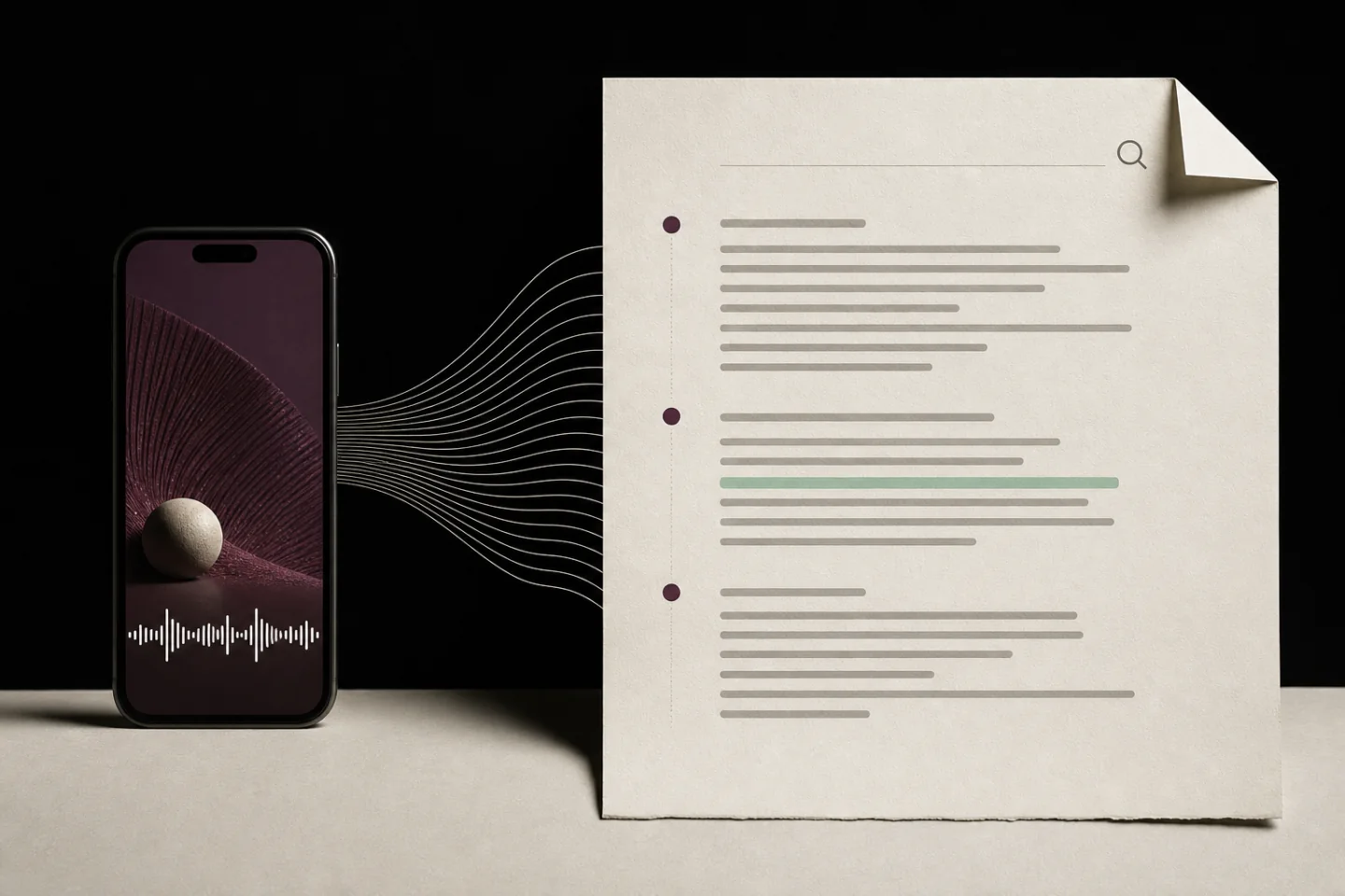 A phone video flowing into a structured transcript sheet with highlighted searchable lines.